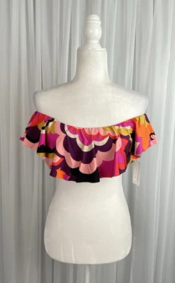 Top de Bikini Trina Turk Talla 4 Rosa Negro Floral Hombro Descubierto Volantes Bandeau Foto 1 de 4