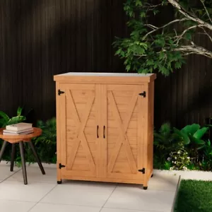 Potting Bench W Storage Cabinet and Metal Table Top, Outdoor Work Station Table - Picture 1 of 14