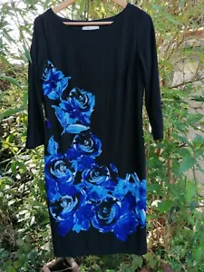 RONNI NICOLE: DRAMATIC BLACK & BLUE LARGE ROSE FLORAL BODYCON DRESS SIZE 14 - Picture 1 of 12