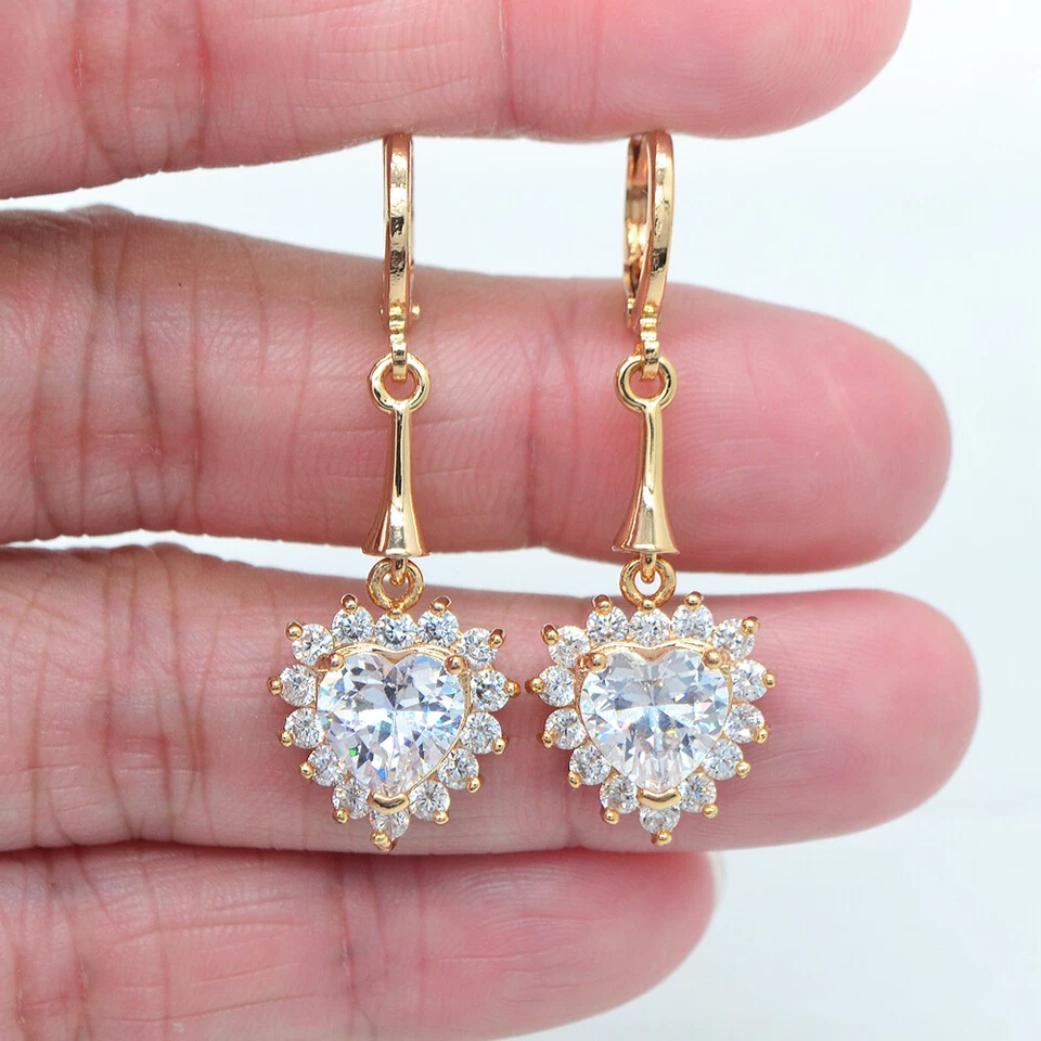 Pendientes colgantes corazones brillantes topacio místico transparente rellenos de oro amarillo de 18 quilates joyería Foto 1 de 1