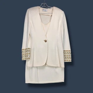 St. John Evening Vintage 3 Pc Ivory Gold Skirt Set Jacket Top Size 8 / M *FLAWED - Picture 1 of 23
