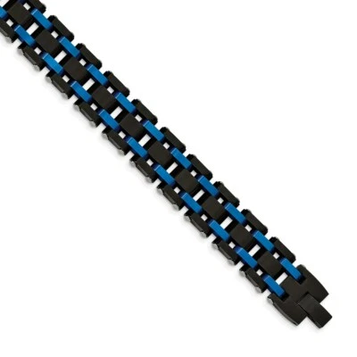 Stainless Steel Brushed and Polished Black/Blue IP-plated 8.5in Bracelet - Image 1 of 4