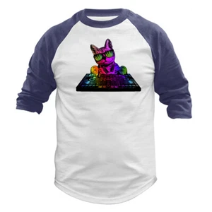 Technicolor DJ Gato Banda de Música Auriculares Animal Mascota Divertida Broma 3/4 Mangas Raglan - Imagen 1 de 10