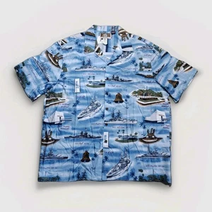 Kalaheo Hawaiian Shirt 2XL WWII Pearl Harbor Ship Print USA Made Rayon Aloha - Picture 1 of 7