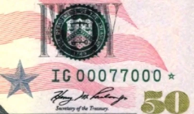 ULTIMATE STAR RADAR # 00077000* = 7th District = Fancy serial number = $50 = PMG - Image 1 of 3