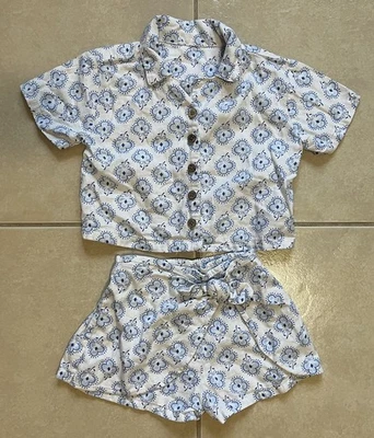 Jessica Simpson Niñas Talla 4 Azul Blanco Trébol Manga Corta Mezcla de Lino/Juego Corto Foto 1 de 4