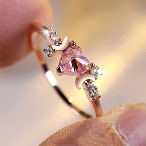 Silver Love Pink Heart Cubic Zirconia Party Adjustable Ring - Picture 1 of 6