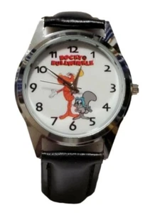 Rocky And Bullwinkle Cartoon Characters Black Leather Band Wrist Watch - Picture 1 of 1