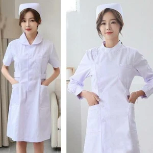 Women Nurse Dress White Doctor Beautician Lab Long Coat Work Clothes Uniform - Picture 1 of 7