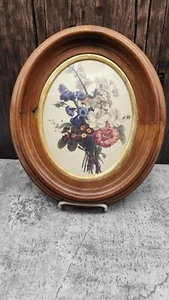 Antiguo marco ovalado de madera con litografía antigua de ramo floral - Imagen 1 de 7
