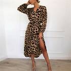 Shirt Dress Leopard Print Lady Long Sleeve Wrap Midi Dress Party Women V Neck