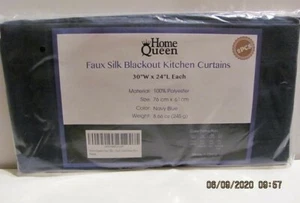 2 Pcs Home Queen Faux Silk Blackout Kitchen Curtains Navy Blue 30” W X 24” L  - Picture 1 of 4