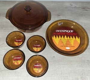 Vintage Anchor Hocking Amber Glass Ovenproof 6 Piece Cookware Set NEW - Picture 1 of 7