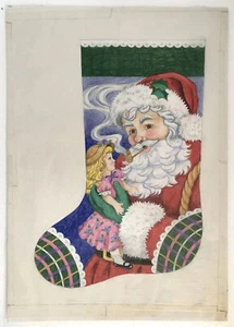 Santa Claus & Doll Christmas Stocking Illustration Original Commercial Art - Picture 1 of 3