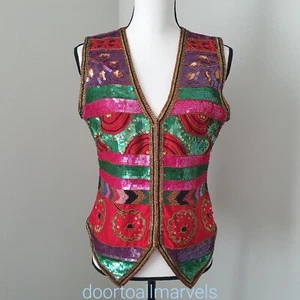 VTG Cache Vest Silk & Sequins All-over Beaded Holiday Boho Gypsy Women sz M - Picture 1 of 19
