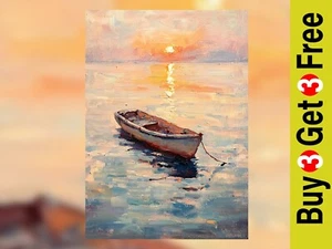 Ruderboot bei Sonnenuntergang 5" x 7" Druck auf mattem Papier | Ruhiger Ozean Kunstwerk - Bild 1 von 18