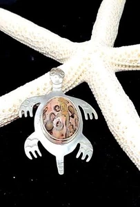 Vintage CII 925 Sterling Silver Ocean Jasper Turtle Brooch/Pin - Picture 1 of 4