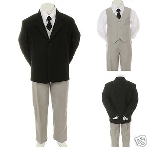 Boy Baby Toddler Formal Wedding 5pc Gray + Black Suit Sir TopHam Hatt Set S-7 - Picture 1 of 12