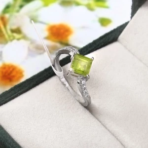 Natural Peridot Ring 925 Sterling Silver Square Green Gemstone Solitaire Ring - Picture 1 of 8