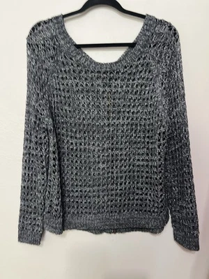 Suéter Grunge Tejido Abierto Malla Cremallera Acento Transparente Oscuro Boho Chic Crochet L Foto 1 de 4