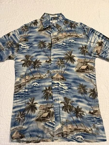 VTG Pierre Cardin Hawaiian Shirt Mens Small S Blue Floral 90s Rayon Aloha Camp - Picture 1 of 5