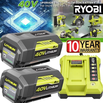 8.0Ah Battery 40 Volt for Ryobi 40V Lithium OP40602 Battery with LED / Charger - Image 1 of 4