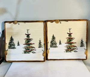 2er Set Snow Valley 7”/7” Keramik Untersetzer Bäume Schnee Kiefer Zapfen - Bild 1 von 14