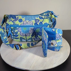 Vera Bradley Little Mandy Doodle Daisy Purse And Wallet Floral Blue and Green - Picture 1 of 18