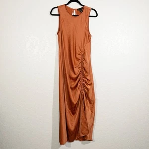 House of Harlow 1960 Auburn Orange Satin Side Ruched Midi Dress Size Large - Picture 1 of 8