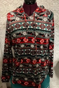 No Boundaries Juniors Size XL(15/17) Gray Red Holiday Dog Print Plush Hoodie - Picture 1 of 5