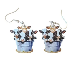 Acrylic 4 Cows in a Pail Dangle Earrings - New - Picture 1 of 1