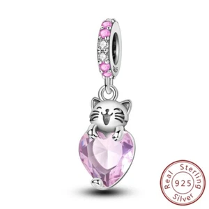 MULA Women 925 Sterling Silver Charm Pink AAA CZ Cat Heart fit Bracelet Necklace - Picture 1 of 7