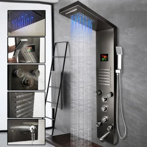 Chorros de masaje termostático digital panel de ducha LED negro EE. UU. + grifo rociador portátil - Imagen 1 de 11