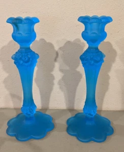 Pair Vintage Fenton Blue Satin Cabbage Rose 10" Candlestick Candle Holders RARE - Picture 1 of 9