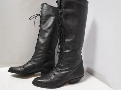 PM3 VTG 80s 90s FLINGS Lace Granny Tall Black Leather Victorian Riding Boots 5.5 - Image 1 of 4