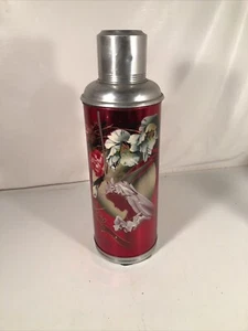 Vintage 60s-70s Chinese Insulated Thermos Rare Red Floral Cork Plug Glass Liner - Picture 1 of 15