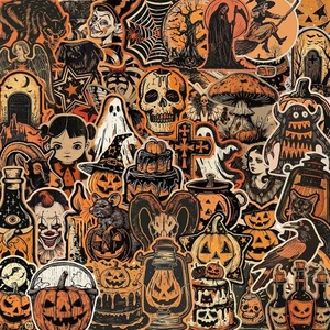 50 Sticker Lot Stickers Horror Halloween Skulls Cats Pumpkins Gothic Goth Goats - Picture 1 of 11