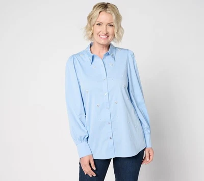 Top para mujer Dennis Basso talla XL algodón botón delantero con azul A660896 Foto 1 de 4