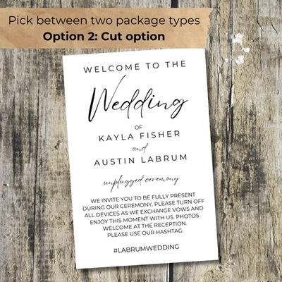Tarjetas del programa de ceremonia de boda desenchufadas | Letrero minimalista, folletos impresos 5x7 Foto 1 de 2