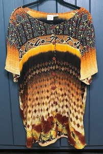 Orange Black Brown Geometric Print Button Up Shirt 1X Southwestern Tribal - Picture 1 of 5