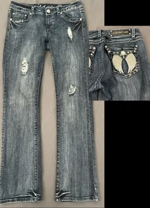 LA Idol Jeans Womens 11 Blue Denim Straight Leg Low Rise Distressed Embellished - Picture 1 of 16