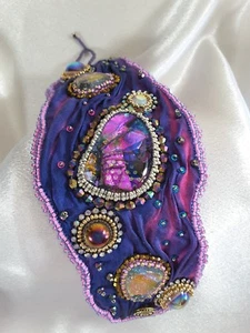 Shibori Silk Ribbon Purple Passion Cuff Bracelet, Bead Embroidery - Picture 1 of 4