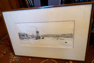 ORIGINAL SIGNIERTE RADIERUNG WILLIAM L WYLLIE BOOTE SCHIFFE AUF FLUSS 40 CM X 19 CM - Bild 1 von 12