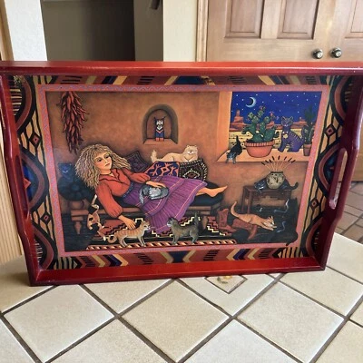 DIANA BRYER SANTA FE CAT WOMAN WOODEN TRAY W/ HANDLES SIGNED 1988 TAIWAN - Image 1 of 4