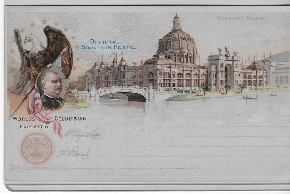 UX10 postal card unused, Columbian Expo, Government Building & Grover Cleveland - Image 1 of 2
