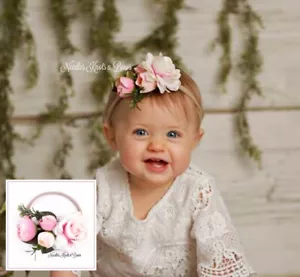 Girls Pink & White Floral Nylon Baby Headband, Toddlers Flower Headband - Picture 1 of 6