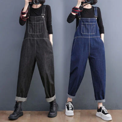 Damen Denim Latzhose Overall Jeanshose Einfarbig Arbeitskleidung Hose Retro - Bild 1 von 4