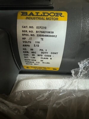 BALDOR  GCP3310 Gear Motor  1/6 HP 85 RPM 115 VAC - Image 1 of 4