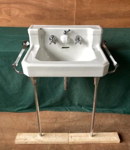 Vtg Mid Century White Porcelain Bath Sink Chrome legs Towel Bars Old Vtg 258-25E - Picture 1 of 24