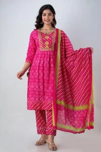 Indian Women Girls New Trends Cotton Embroidery Kurti paint with dupatta set UK - Picture 1 of 5